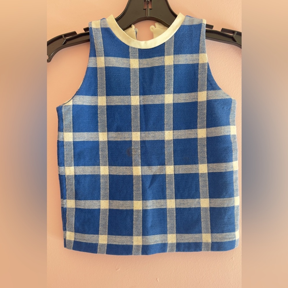 1970s Florence Eisenman Blue and White Plaid Kids Knit Top 6X